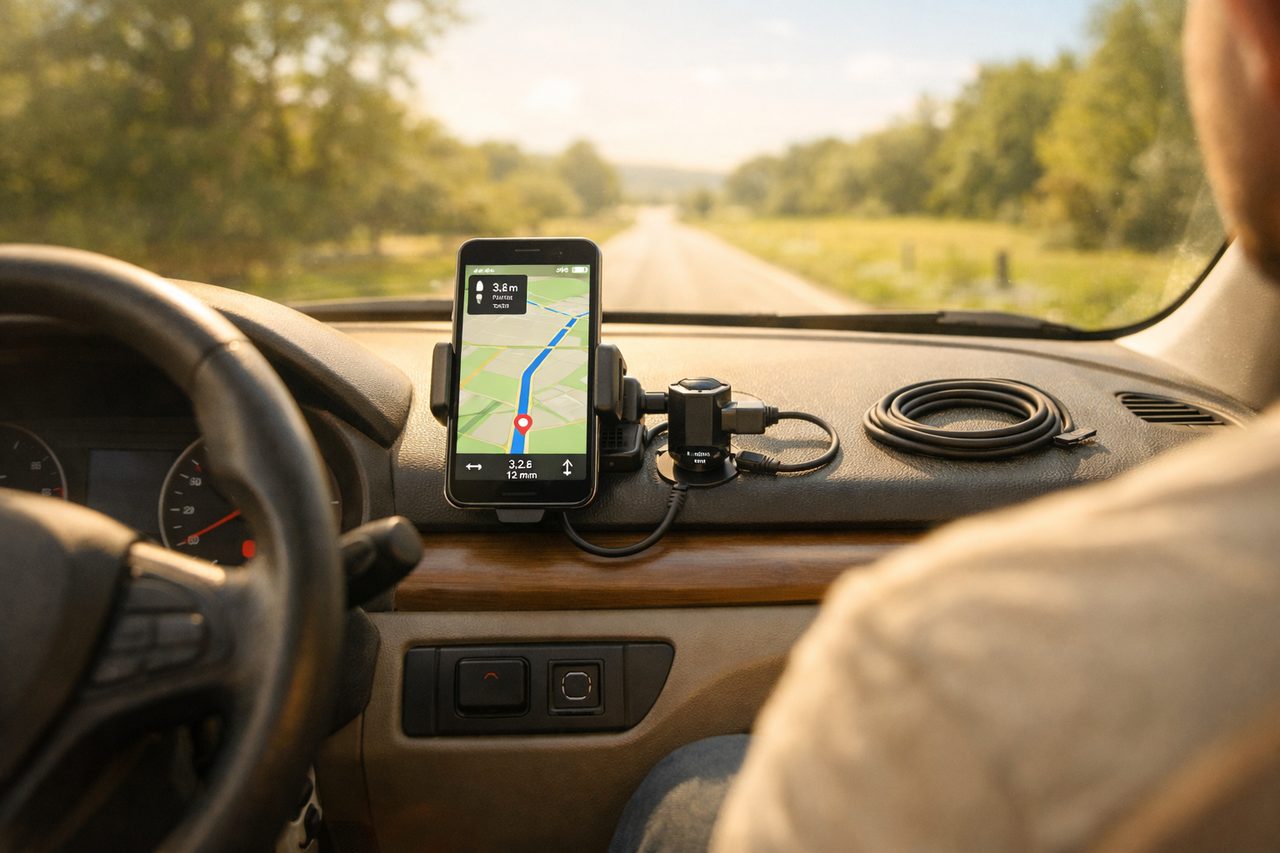 Auto-Armaturenbrett mit Smartphone in Halterung, USB-Ladeadapter und Navigationskarte während einer entspannten Tagesfahrt