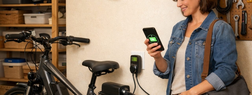 E-Bike wird sicher in der Garage geladen: Pendler überwacht den Ladestand per Smartphone-App, Rauchwarnmelder hängt an der Wand
