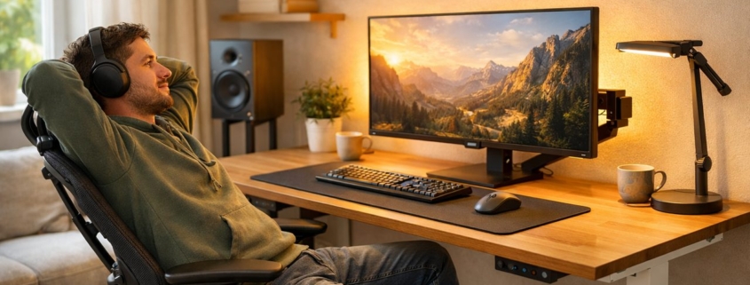 Ergonomisches Gaming-Setup mit höhenverstellbarem Tisch, ergonomischem Stuhl, Monitor auf Halterung, Bias-Licht und Schreibtischleuchte in einem hellen, modernen Zimmer