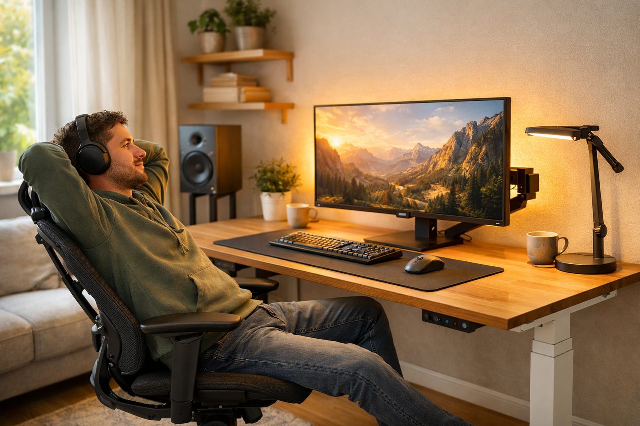 Ergonomisches Gaming-Setup mit höhenverstellbarem Tisch, ergonomischem Stuhl, Monitor auf Halterung, Bias-Licht und Schreibtischleuchte in einem hellen, modernen Zimmer
