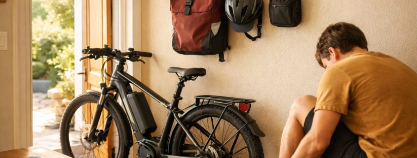 Fahrradflur mit E-Bike, Helm, Packtasche und Wartungszubehör an der Wand – Vorbereitung zum Pendeln