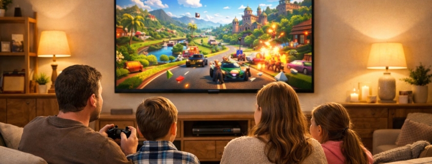 Familie spielt auf dem Sofa mit Controller, Fernseher an der Wand über dem TV-Möbel