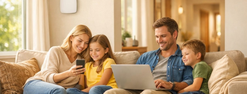 Familie im Wohnzimmer mit Smartphone und Laptop, WLAN-Geräte unauffällig an Wand und Decke – stabiles Heimnetzwerk für alle Räume
