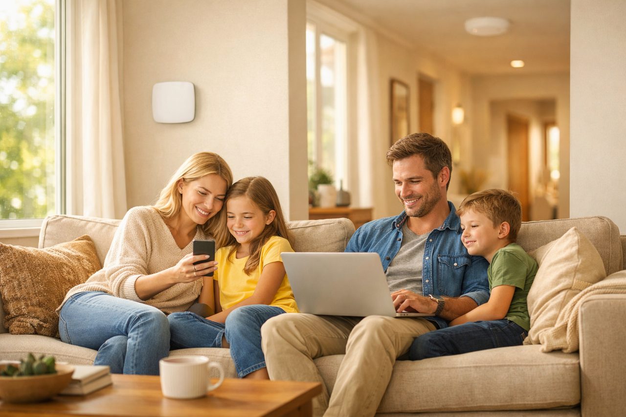 Familie im Wohnzimmer mit Smartphone und Laptop, WLAN-Geräte unauffällig an Wand und Decke – stabiles Heimnetzwerk für alle Räume