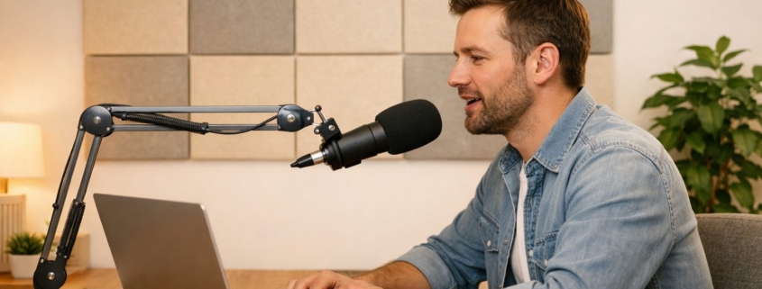 podcast setup für zuhause – Gemütliches Homeoffice-Setup mit Podcast-Mikrofon auf Arm, Person sitzt am Schreibtisch