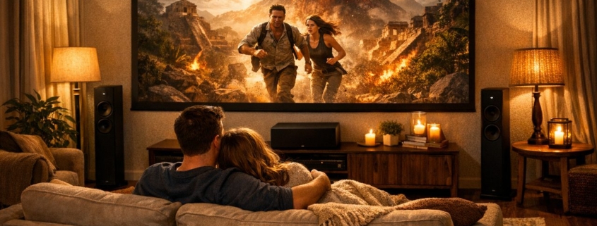 Gemütliches Wohnzimmer am Abend: Paar schaut Film auf großem Bildschirm mit Surround-Lautsprechern und Subwoofer