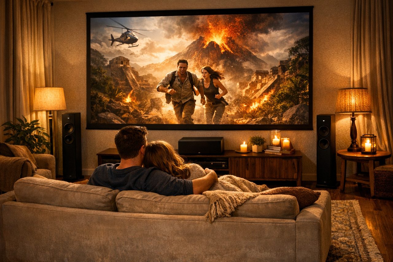 Gemütliches Wohnzimmer am Abend: Paar schaut Film auf großem Bildschirm mit Surround-Lautsprechern und Subwoofer