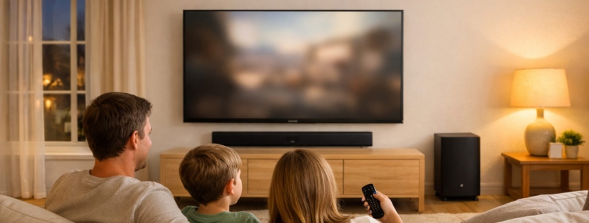 tv wandmontage – Gemütliches Wohnzimmer mit flach an der Wand montiertem Fernseher, Soundbar und Subwoofer, Familie sitzt entspannt auf dem Sofa