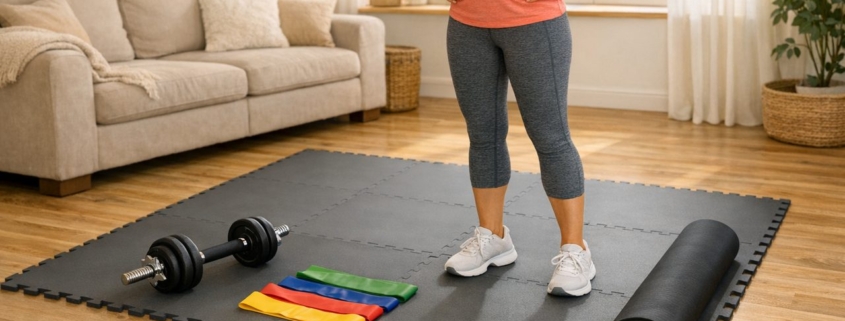 Heimtraining zuhause einrichten: Das komplette Setup für effektives Training ohne Fitnessstudio – Heimtraining-Ecke im Wohnzimmer mit Trainingsmatte, verstellbaren Kurzhanteln und Widerstandsbändern auf 2×2 Metern