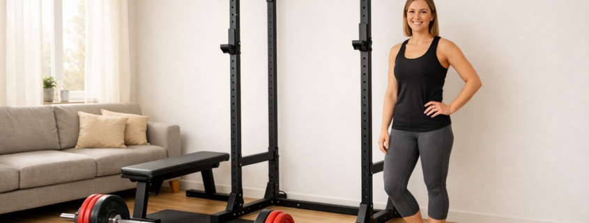 Helles Wohnzimmer mit kompaktem Trainingsrack, Hantelbank und Langhantel auf Gummimatte, ein platzsparendes Homegym in kleiner Wohnung