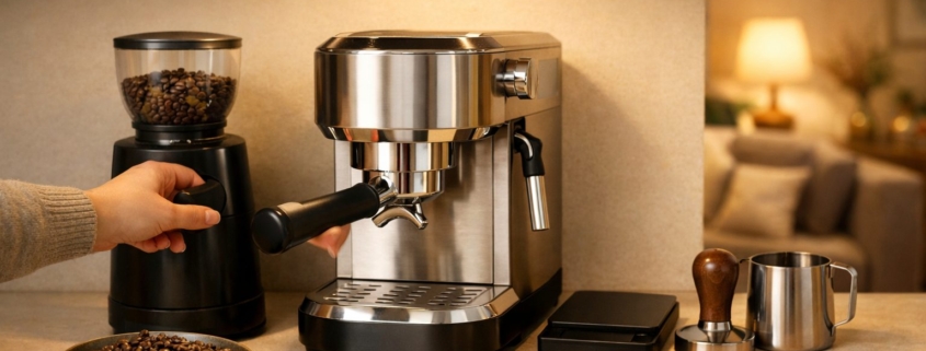 kaffeestation zuhause aufbauen – Kaffeestation in einer modernen Haushaltsküche mit Espressomühle, Siebträgermaschine, Waage und Zubehör auf der Arbeitsplatte