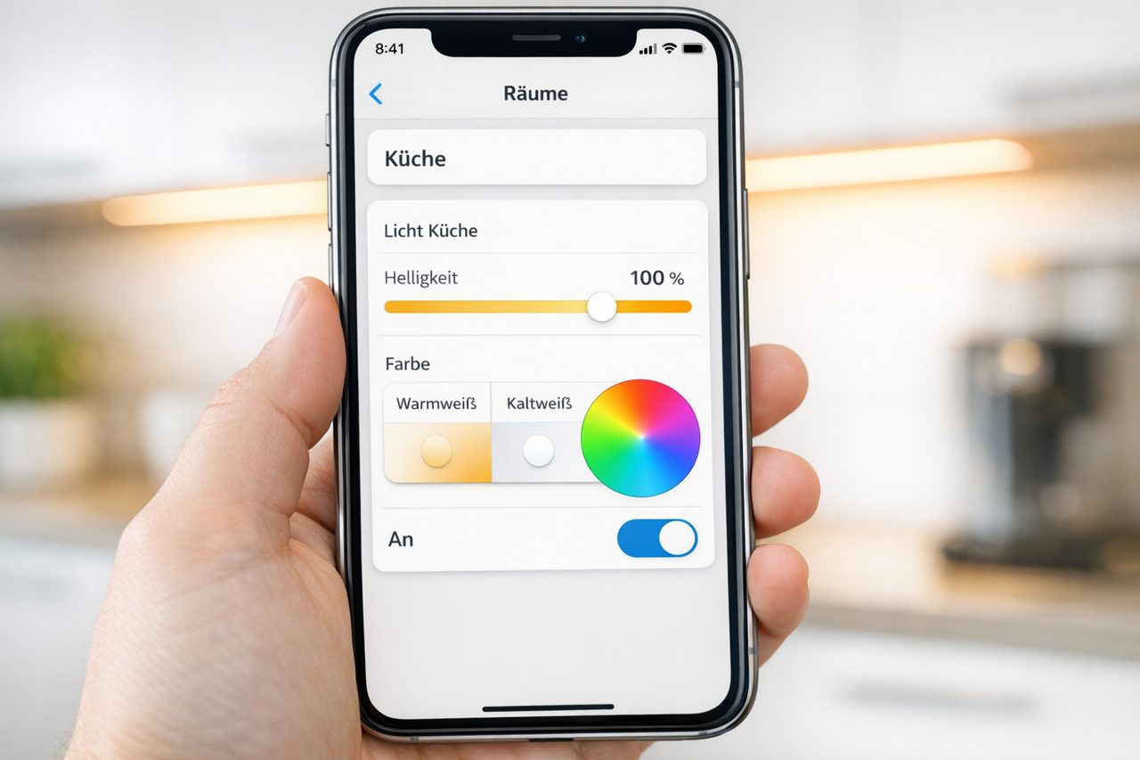 Symbolbild einer Licht-App: Lichtsteuerung für die Küche mit Helligkeit und Farbauswahl