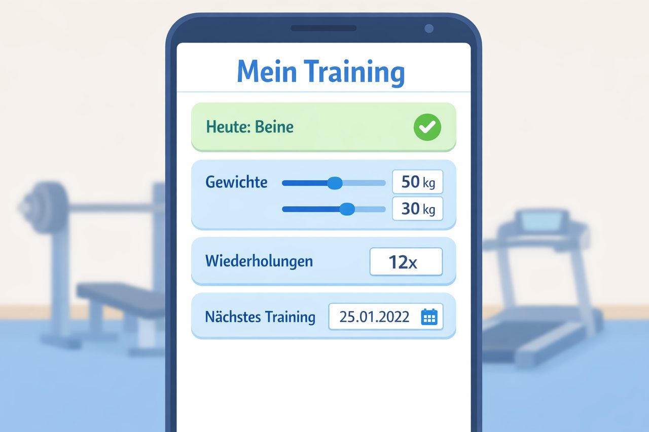 Schematische Darstellung einer Trainings-Tracking-App mit Funktionen für Gewichte, Wiederholungen und Trainingsplanung