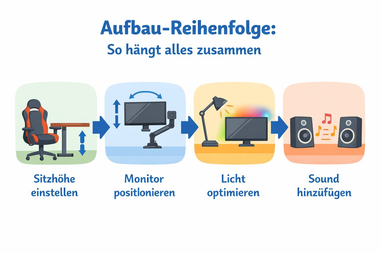 Schritt-für-Schritt-Diagramm zum Aufbau eines Gaming-Setups: Sitzhöhe → Monitor → Licht → Sound