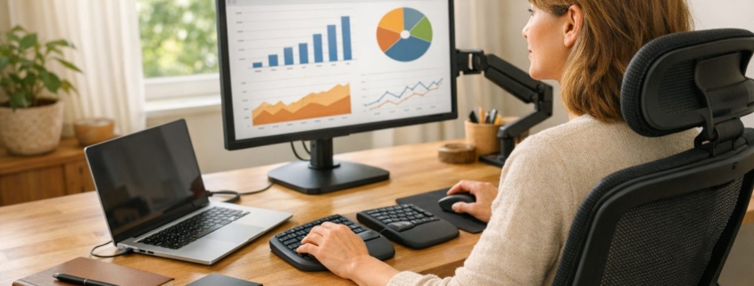 Selbstständiger arbeitet konzentriert am aufgeräumten Schreibtisch mit Laptop, externem Monitor und Backup-Festplatte im hellen Home-Office
