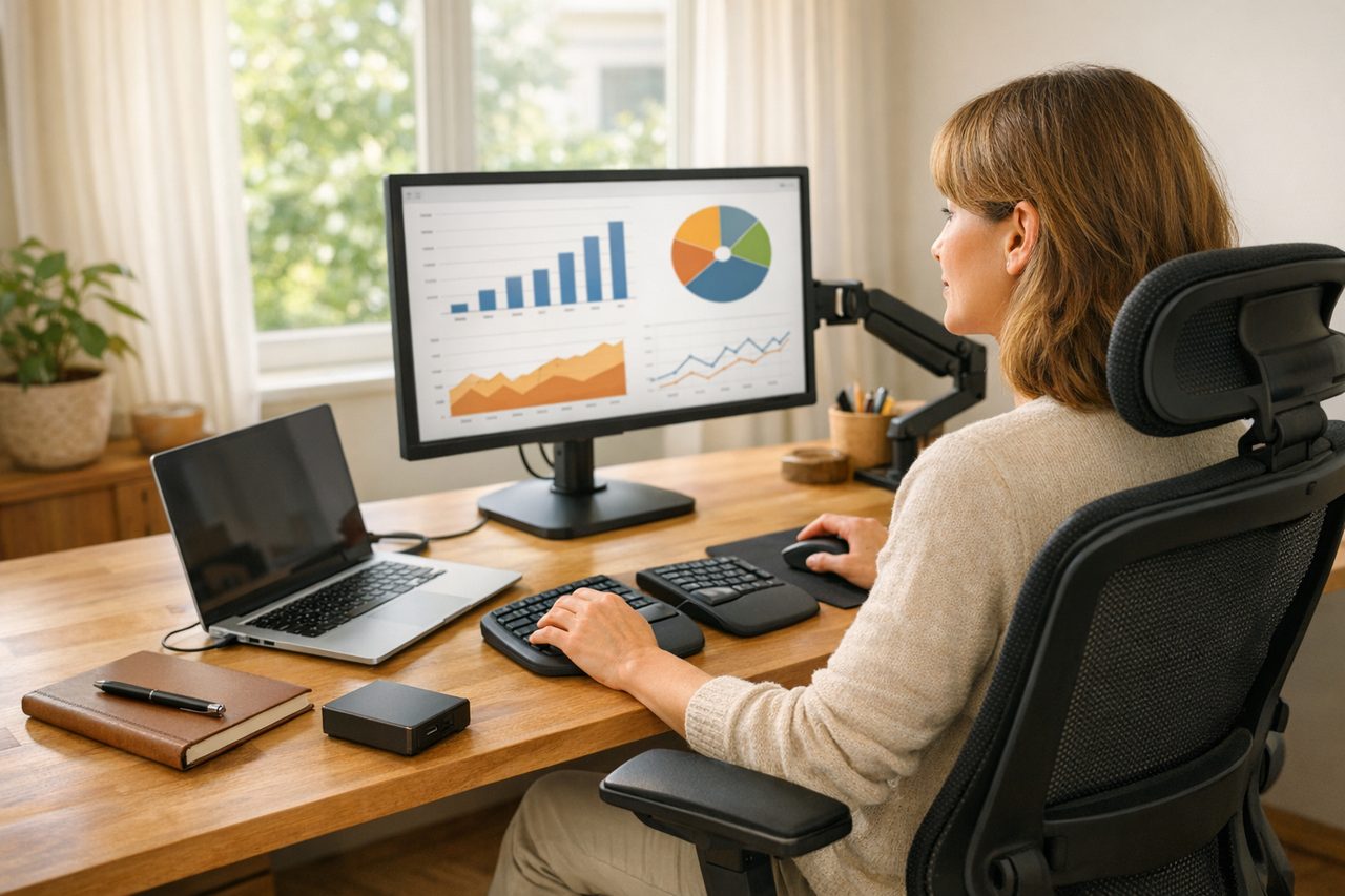 Selbstständiger arbeitet konzentriert am aufgeräumten Schreibtisch mit Laptop, externem Monitor und Backup-Festplatte im hellen Home-Office