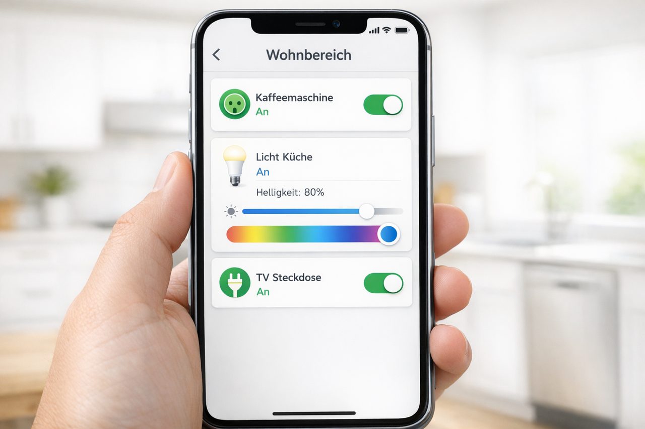 Symbolbild einer Smart-Home-App: Küchen-Geräte mit Schaltern und Helligkeitsreglern
