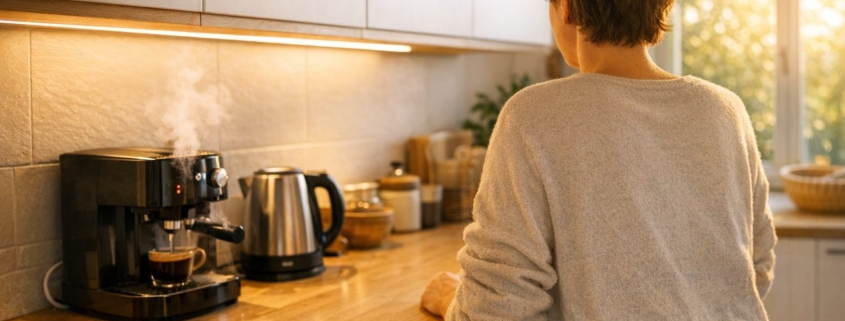 Küchen-Setup: So richtest du eine effiziente, smarte Küche für den Alltag ein – Smarte Küche am Morgen: Kaffeemaschine und Wasserkocher auf der Küchentheke, LED-Lichtleiste unter Hängeschränken, Person bedient Smartphone mit Smart-Home-App