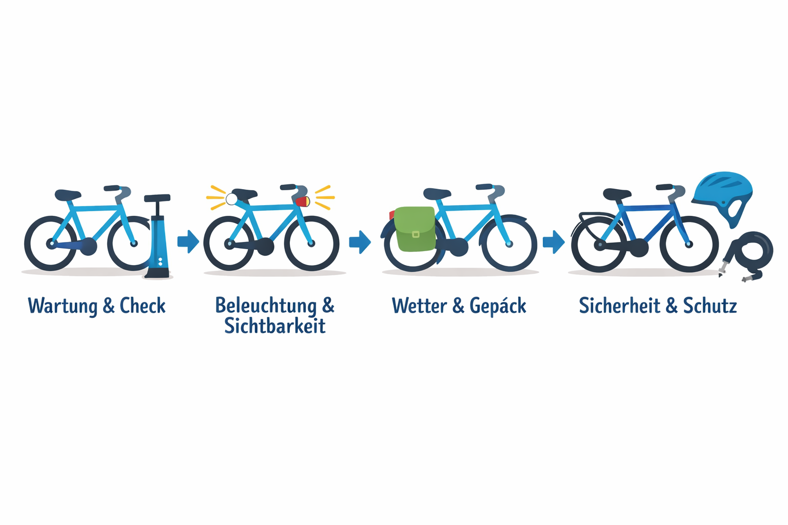 Vier-Schritte-Diagramm zur Fahrradausstattung: Wartung, Beleuchtung, Wetter-Schutz, Sicherheit