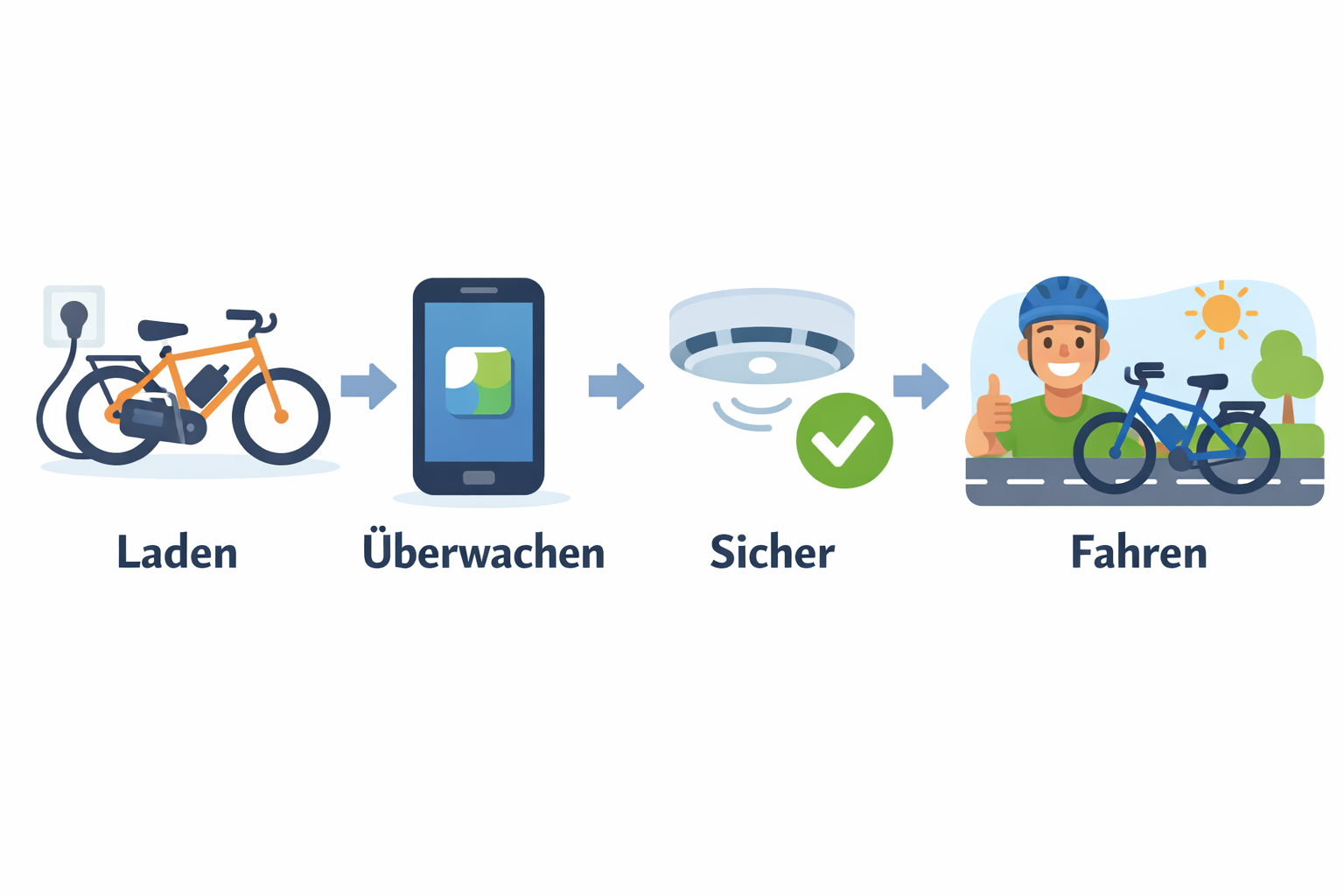 Vier-Schritte-Illustration: E-Bike laden, Ladestand per App überwachen, Sicherheit mit Rauchmelder, sicher fahren