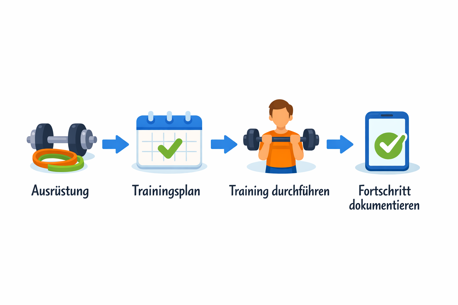 Vierschritt-Diagramm zum Heimtraining-System: Ausrüstung → Trainingsplan → Training → Fortschritt dokumentieren