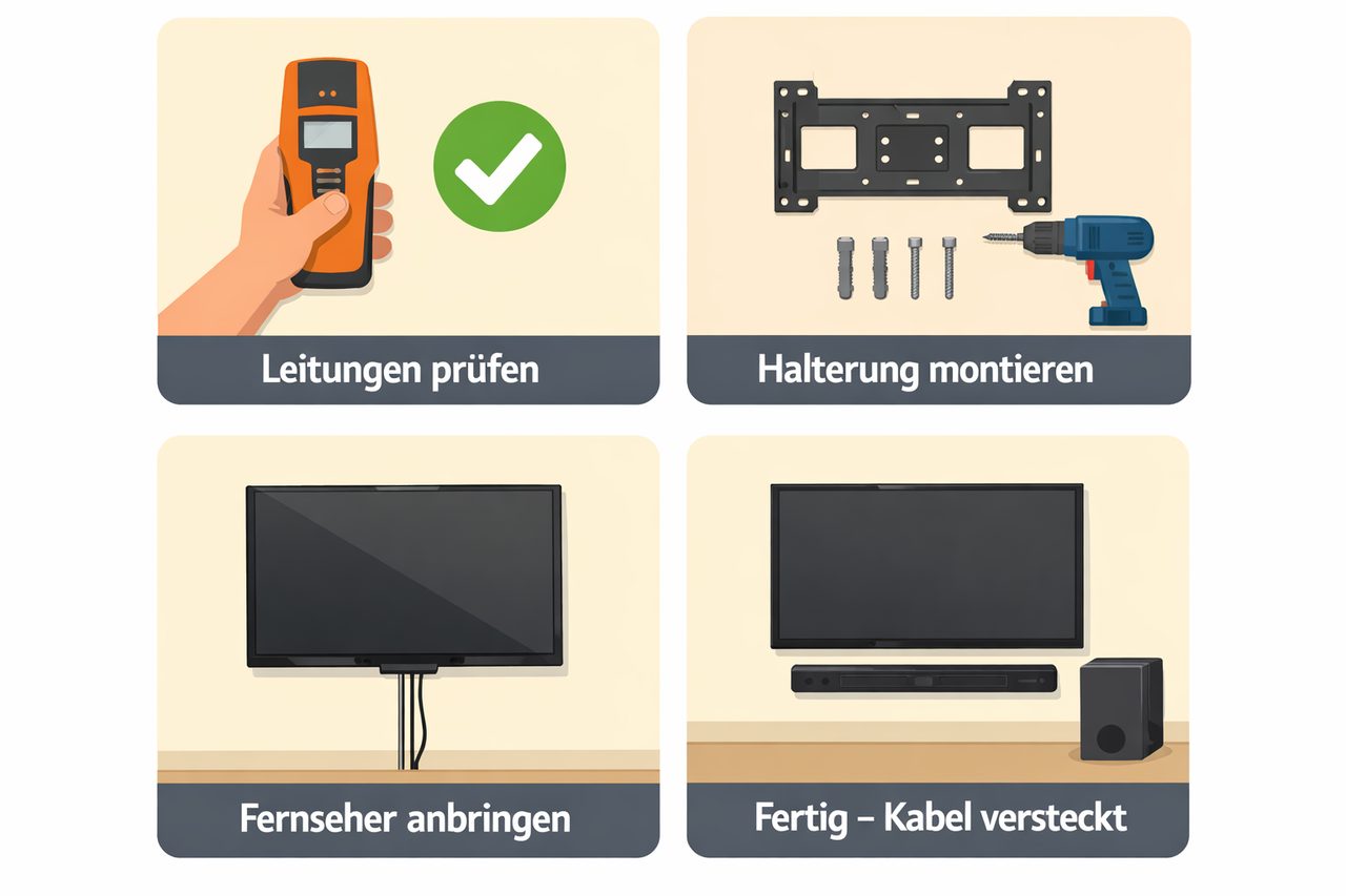 Vierstufige Anleitung zur TV-Wandmontage: Leitungen prüfen, Halterung befestigen, Fernseher anbringen, fertige Installation mit versteckten Kabeln